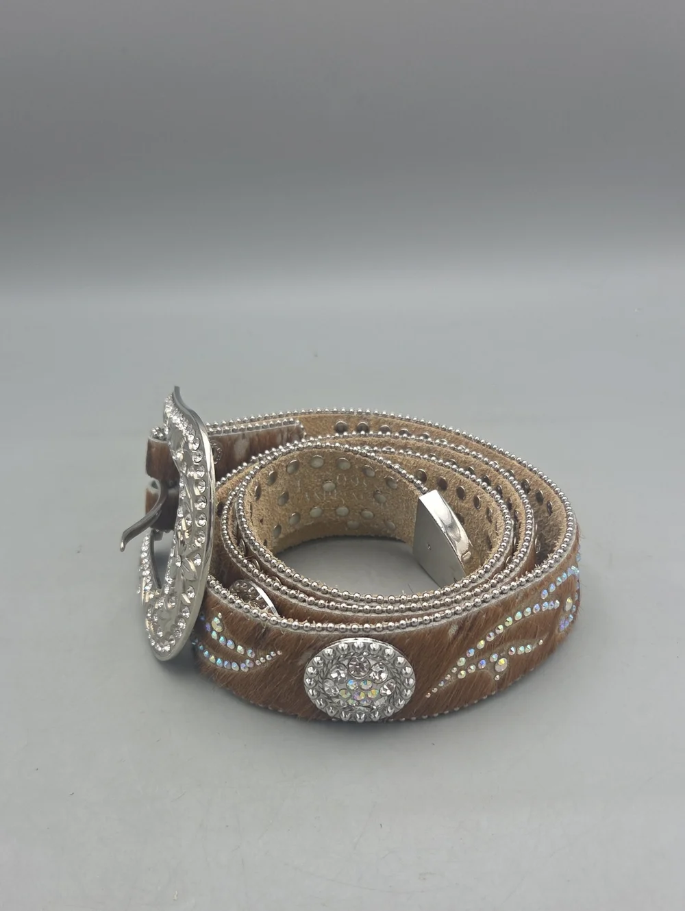 Nocona Genuine Leather Calf Hair on Hide Rhinestone Belt Rodeo Western Bling